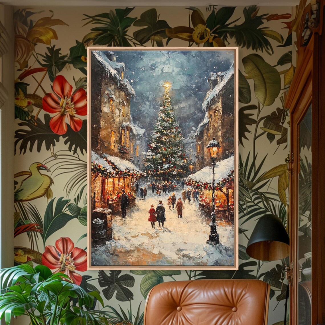 Vintage Christmas Market Scene, Holiday Village Art Print