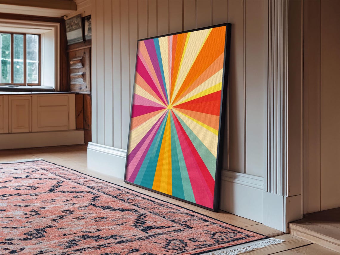 Colorful Sunburst Rays Pink Orange Teal Boho Geometric Wall Art Print