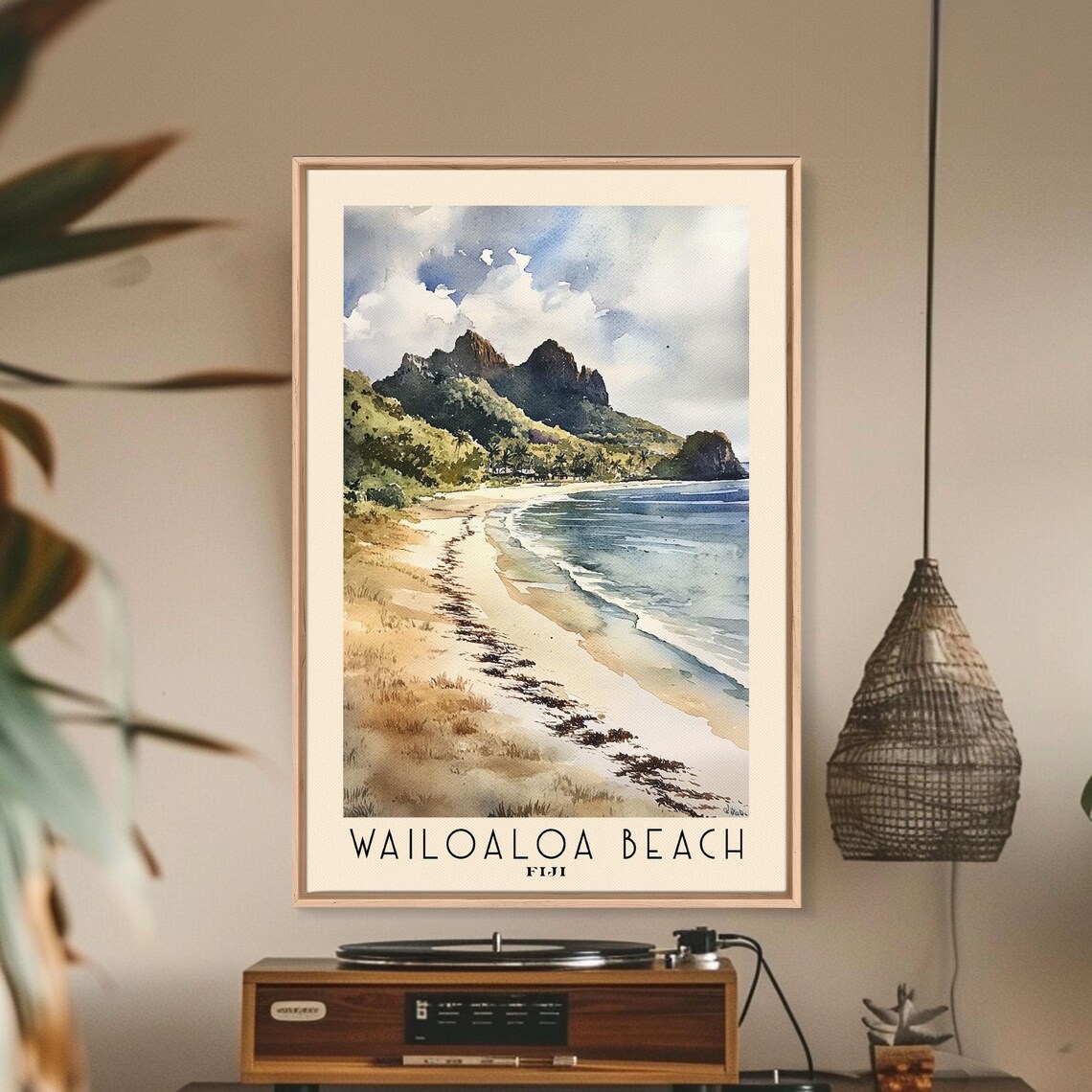 Wailoaloa Beach Fiji Watercolor Mountain Backed Coast Tropical Poster - Image 3