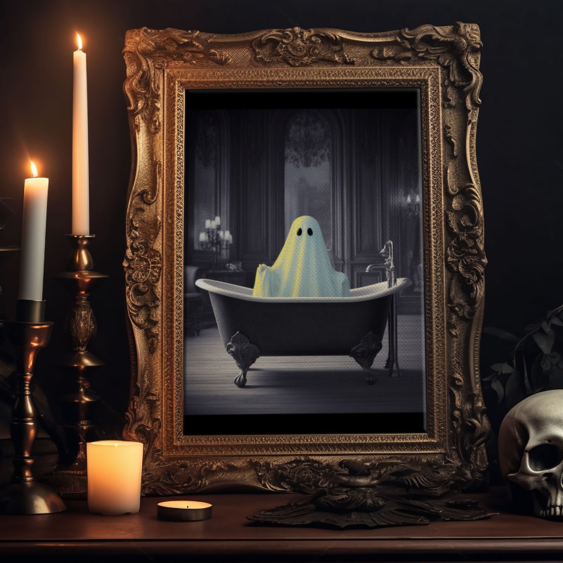 Cute Sheet Ghost In Vintage Clawfoot Bathtub Dark Room Wall Art - Image 5