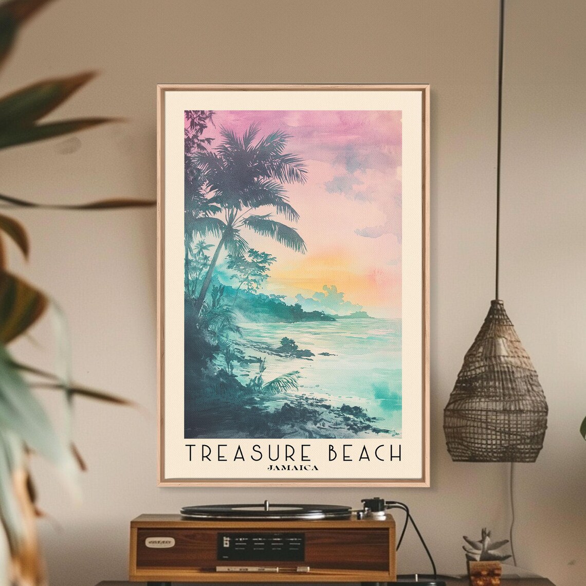 Treasure Beach Jamaica Palm Sunset Pink Sky Turquoise Sea Poster - Image 3
