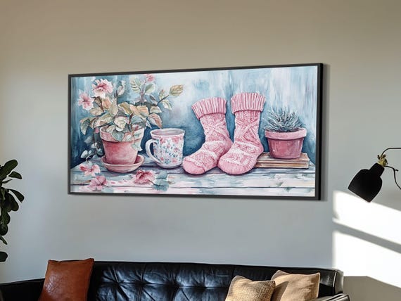Cozy Cottagecore Framed Print Light Pink Socks And Plants Rustic Decor Whimsical Wall Art Farmhouse Gift Idea For Her