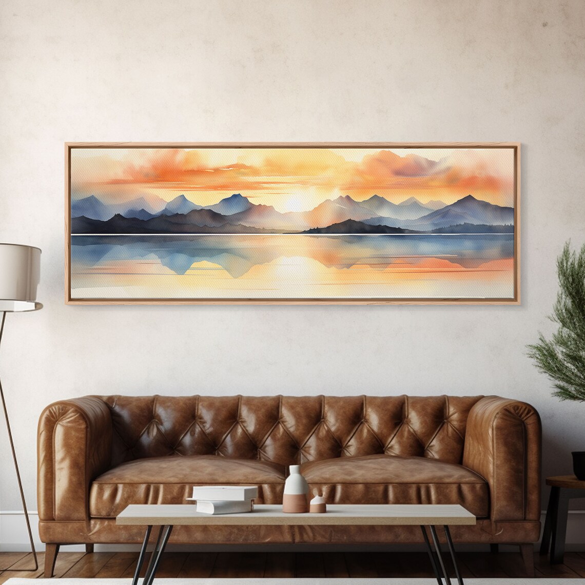 Mountain Lake Sunset Watercolor Blue Peaks Golden Reflection Print - Image 5