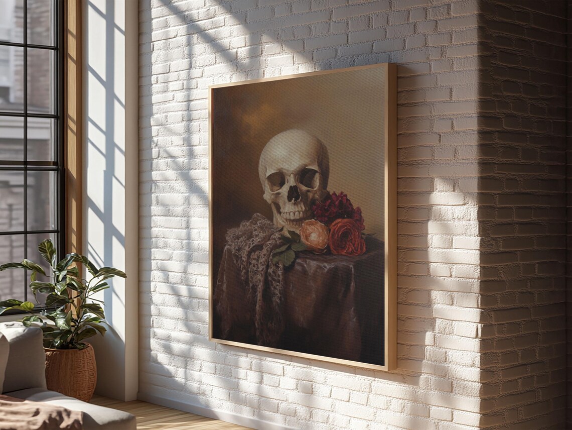 Skull And Roses Dark Academia Still Life Oil Painting Memento Mori Wall Art - Image 2