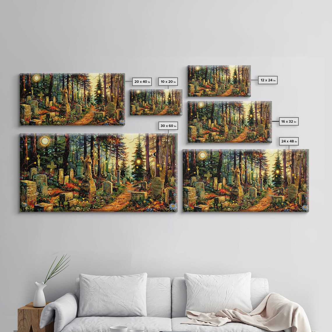 Colorful Haunted Graveyard Spring Flowers Moonlit Forest Halloween Print - Image 2