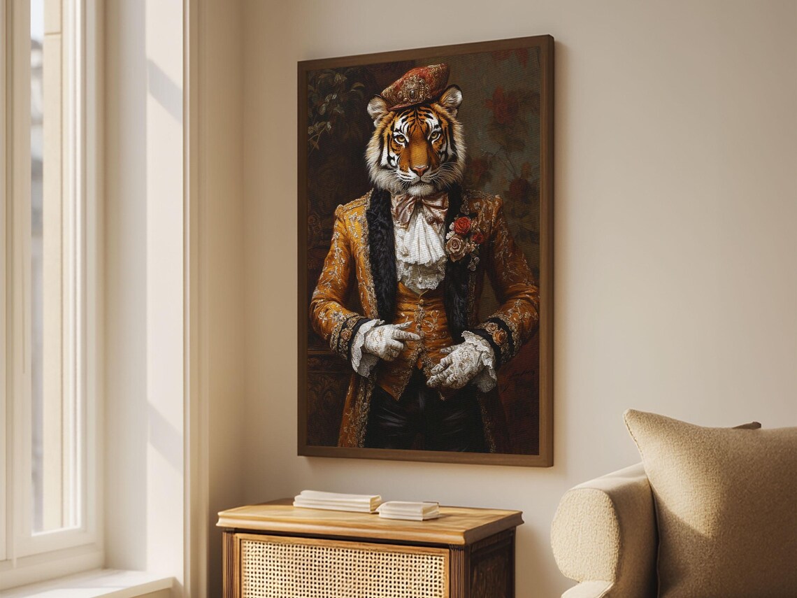 Dapper Tiger Gentleman Portrait Gold Brocade Suit Whimsical Animal Wall Art - Image 4