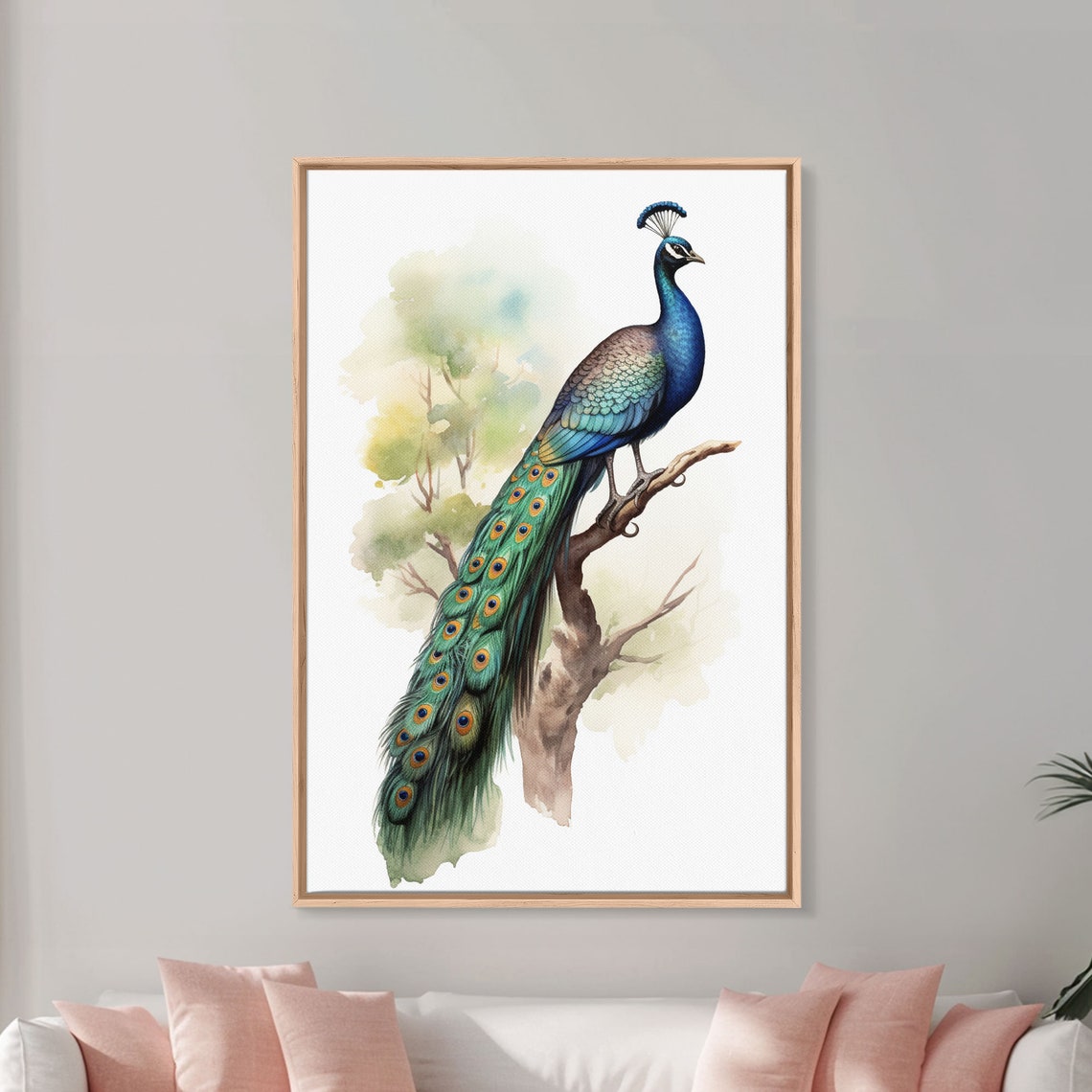 Peacock Perched On Branch Watercolor Elegant Bird Wall Art Poster - Image 6