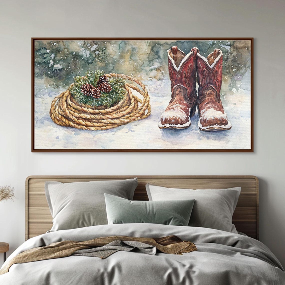 Cowboy Boots Lasso Pine Cones Snow Western Christmas Art Print - Image 3