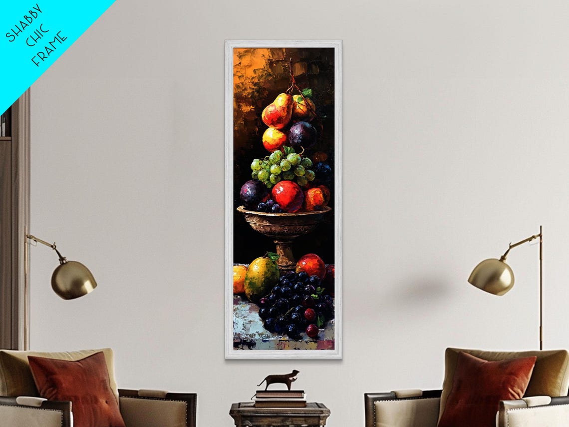 Still Life Oil Painting Print Of Fruit Kitchen Decor Kitchen Wall Art Grapes Painting Skinny Art Skinny Vertical Art Tall Skinny Art - Image 2