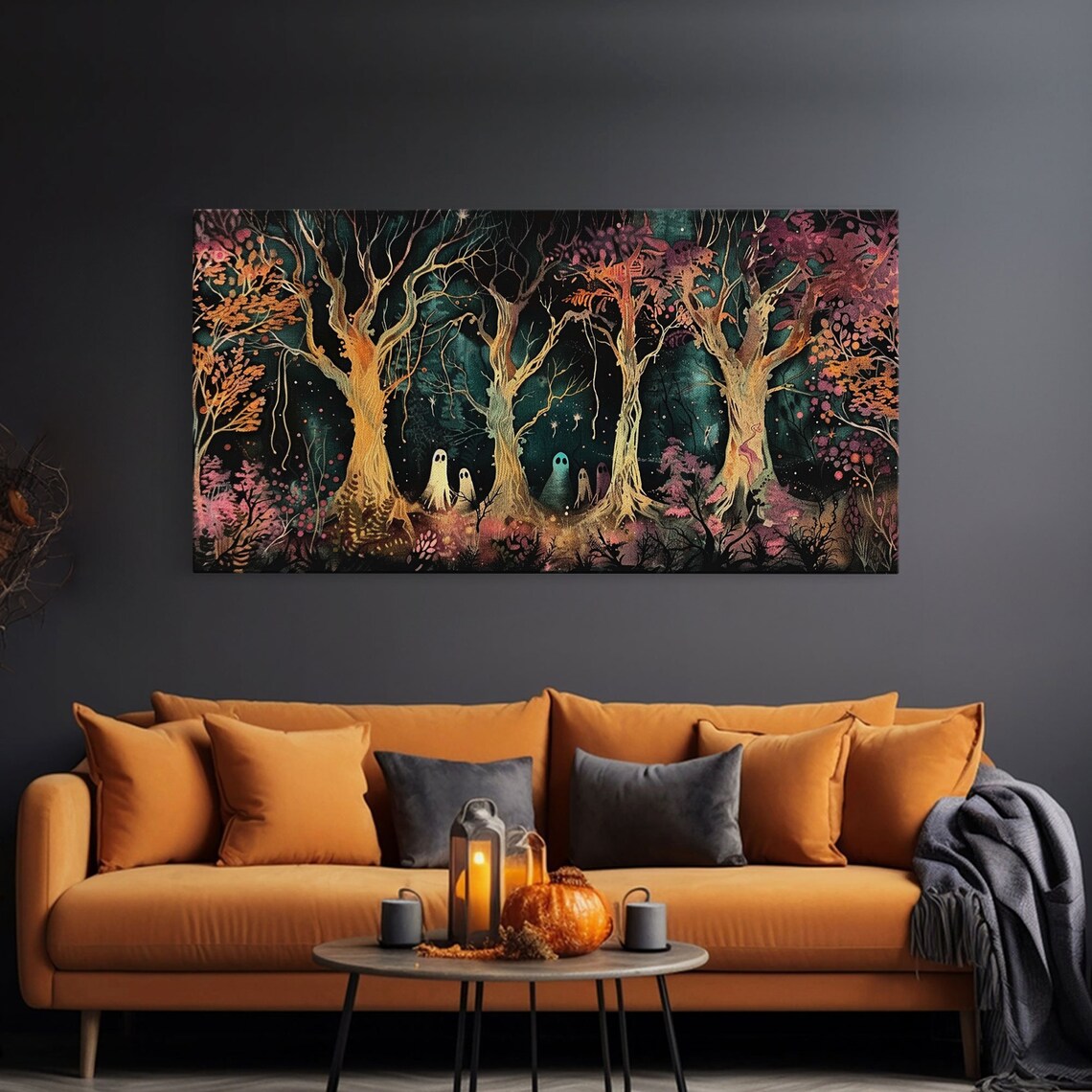 Spooky Ghosts Autumn Trees Glowing Night Forest Pink Foliage Halloween Print - Image 3