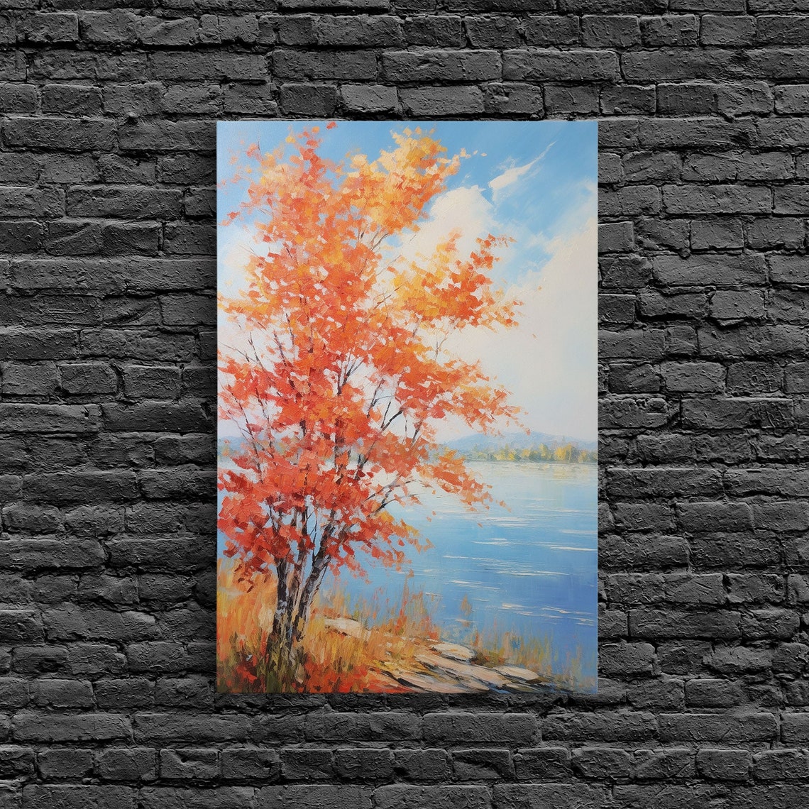 Orange Autumn Tree by Blue Lake Fall Foliage Landscape Painting Poster - Image 6