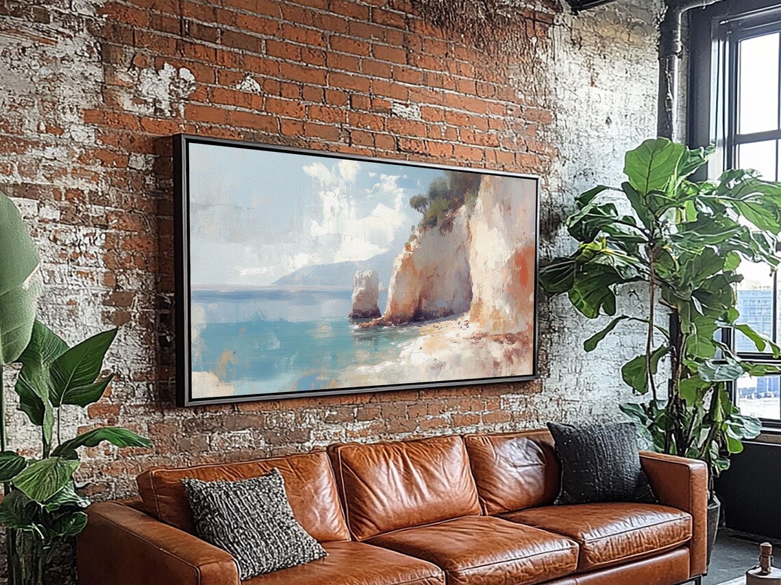 White Cliff Coastal Seascape Oil Painting Turquoise Water Beach Art Print - Image 4