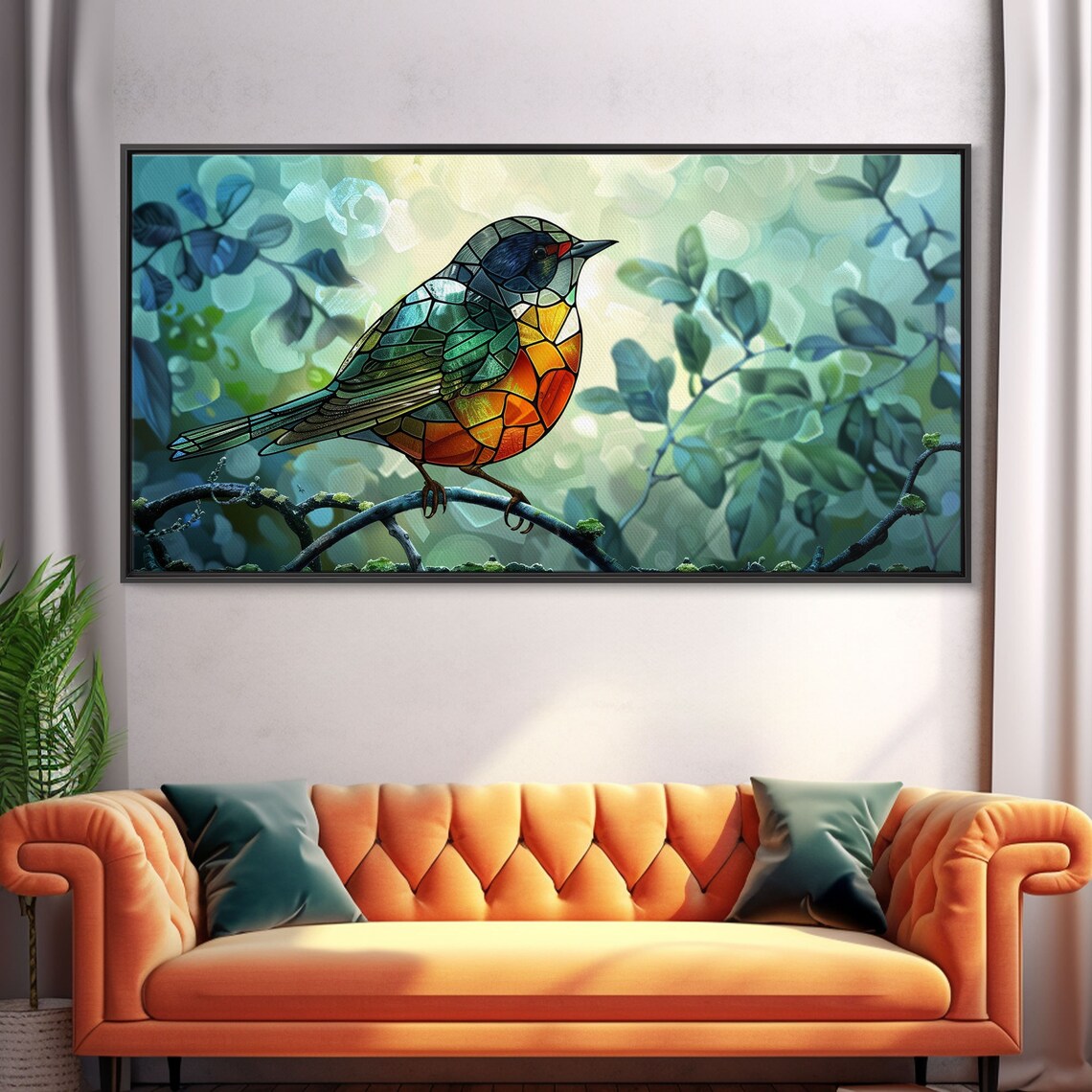 Stained Glass Songbird Teal Orange Perched Branch Spring Art Poster - Image 5