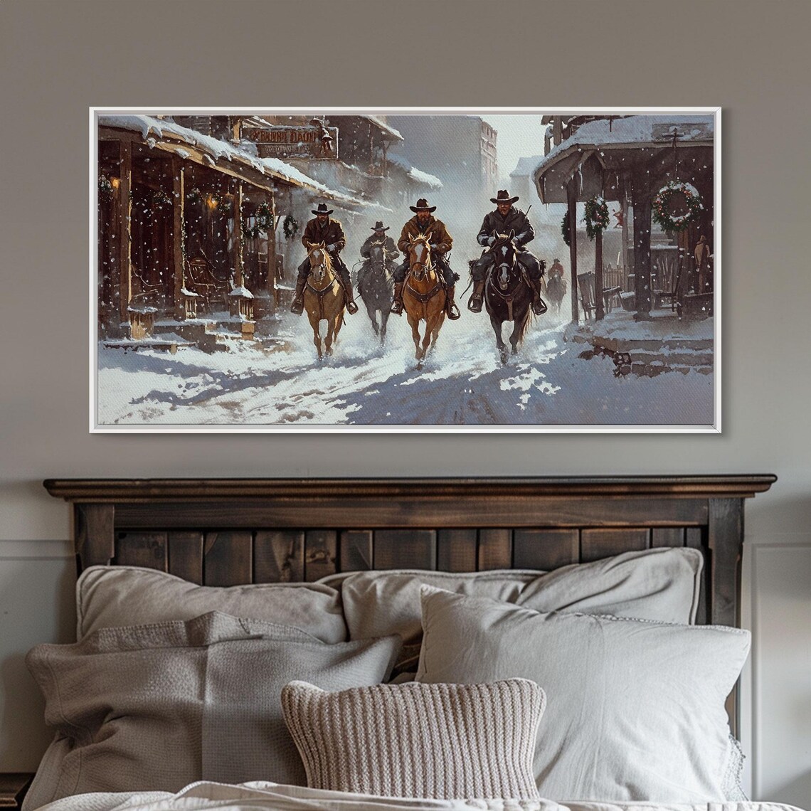Cowboys Riding Through Snowy Christmas Western Town Art Print - Image 5