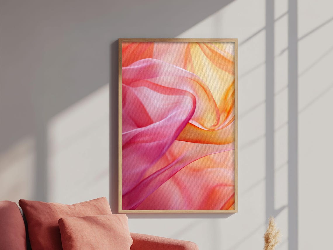 Sheer Pink Orange Silk Waves Minimalist Zen Dreamy Abstract Art Poster - Image 2