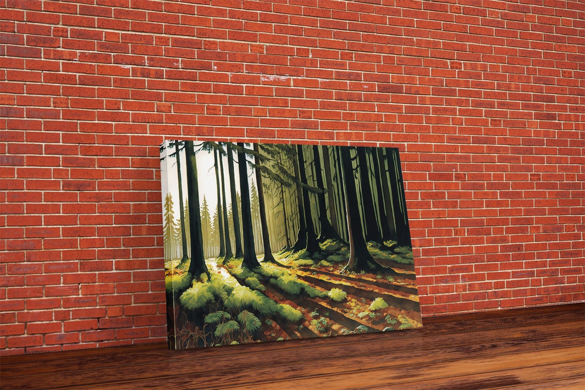 Sunlit Forest Path Golden Light Mossy Woods Green Trees Art Poster