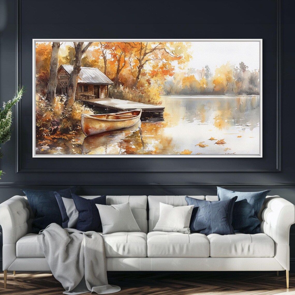 Autumn Lakeside Cabin Canoe Wooden Dock Golden Trees Calm Water Poster - Image 4