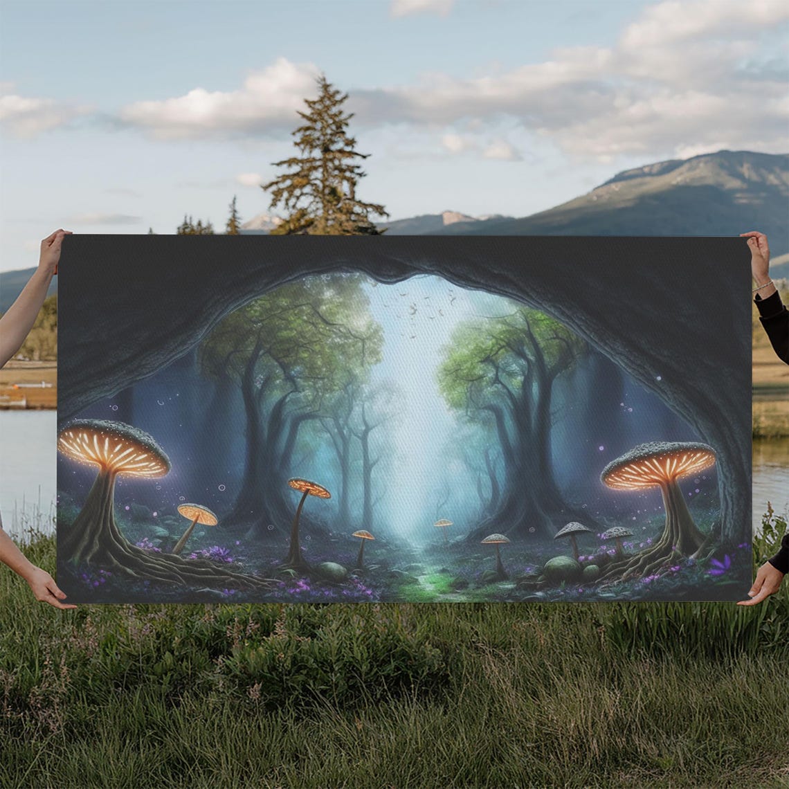 Glowing Mushroom Forest Hollow Tree Magical Butterflies Misty Poster - Image 6
