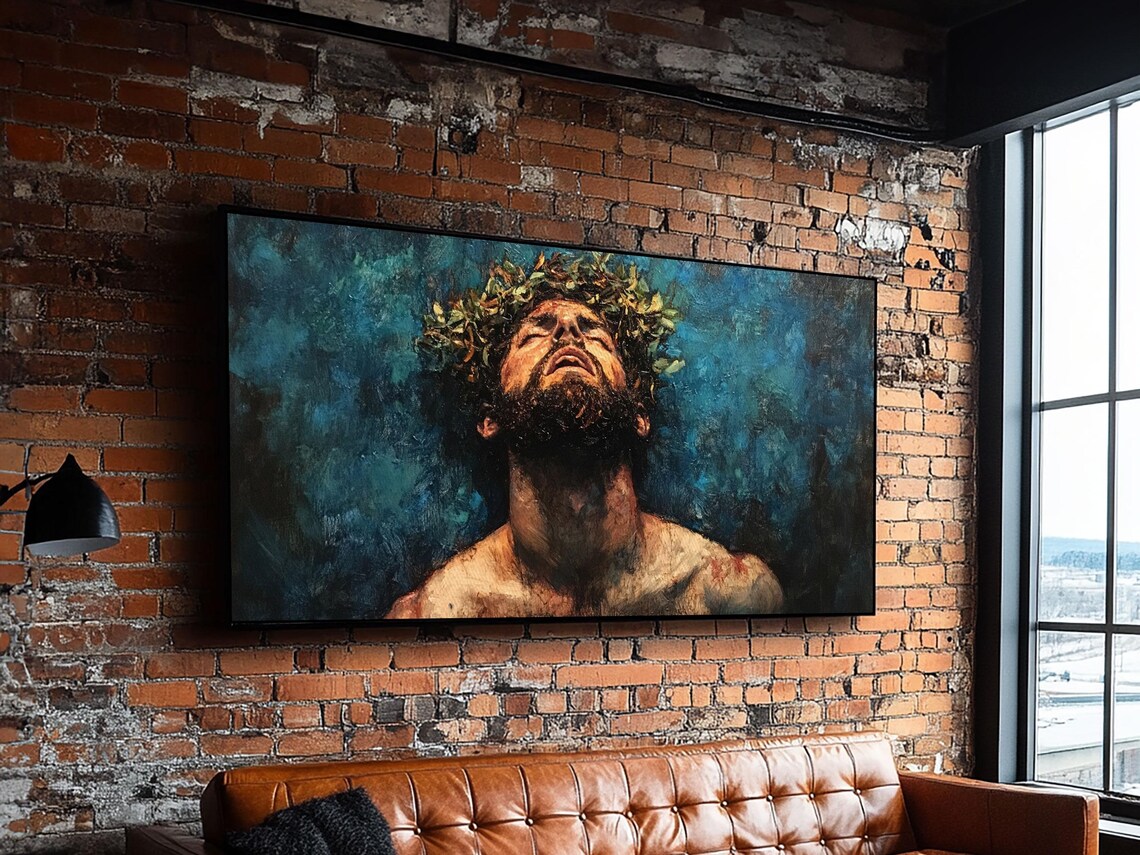 Jesus Christ Crown Of Thorns Portrait Looking Up Faith Devotion Wall Art - Image 3