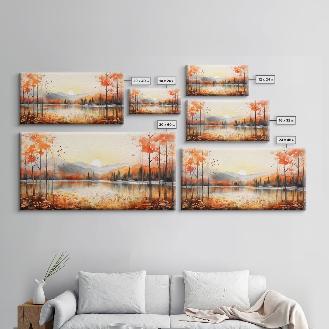 Autumn Sunset Lake Orange Trees Misty Mountains Watercolor Poster - Image 2