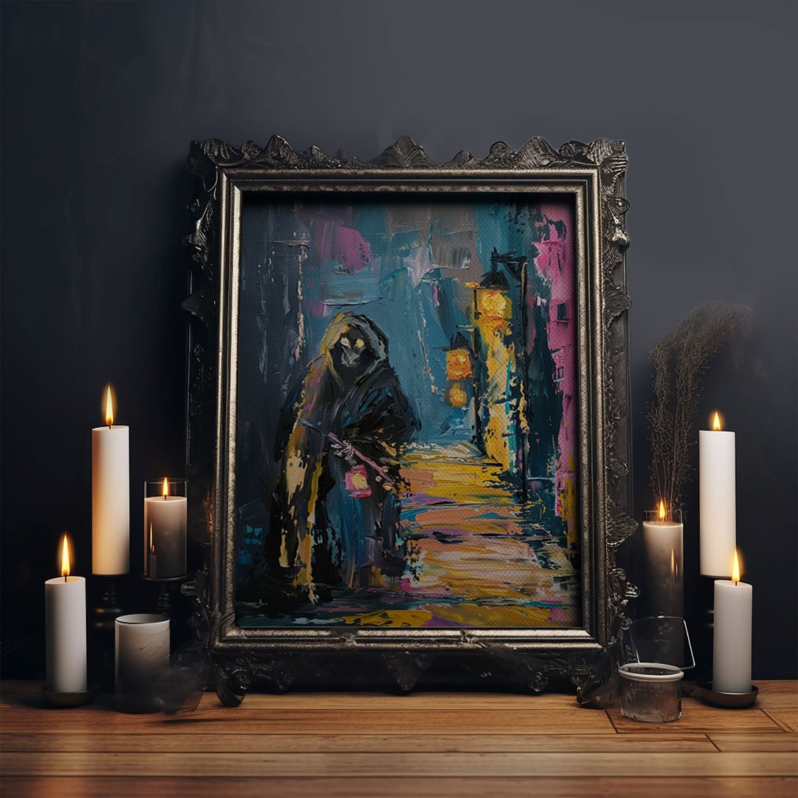 Grim Reaper Lantern Alley Abstract Colorful Painterly Horror Poster - Image 5
