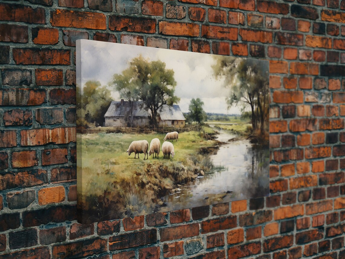 Sheep Grazing By The River Vintage Home Poster - Image 4