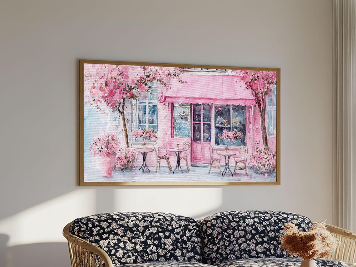Pink Parisian Cafe Cherry Blossom Watercolor Bistro Street Art Poster - Image 4