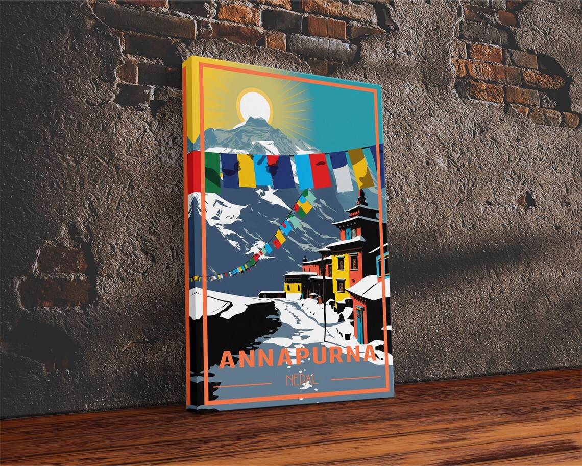 Annapurna Nepal Snowy Peaks Prayer Flags Village Retro Travel Poster - Image 2