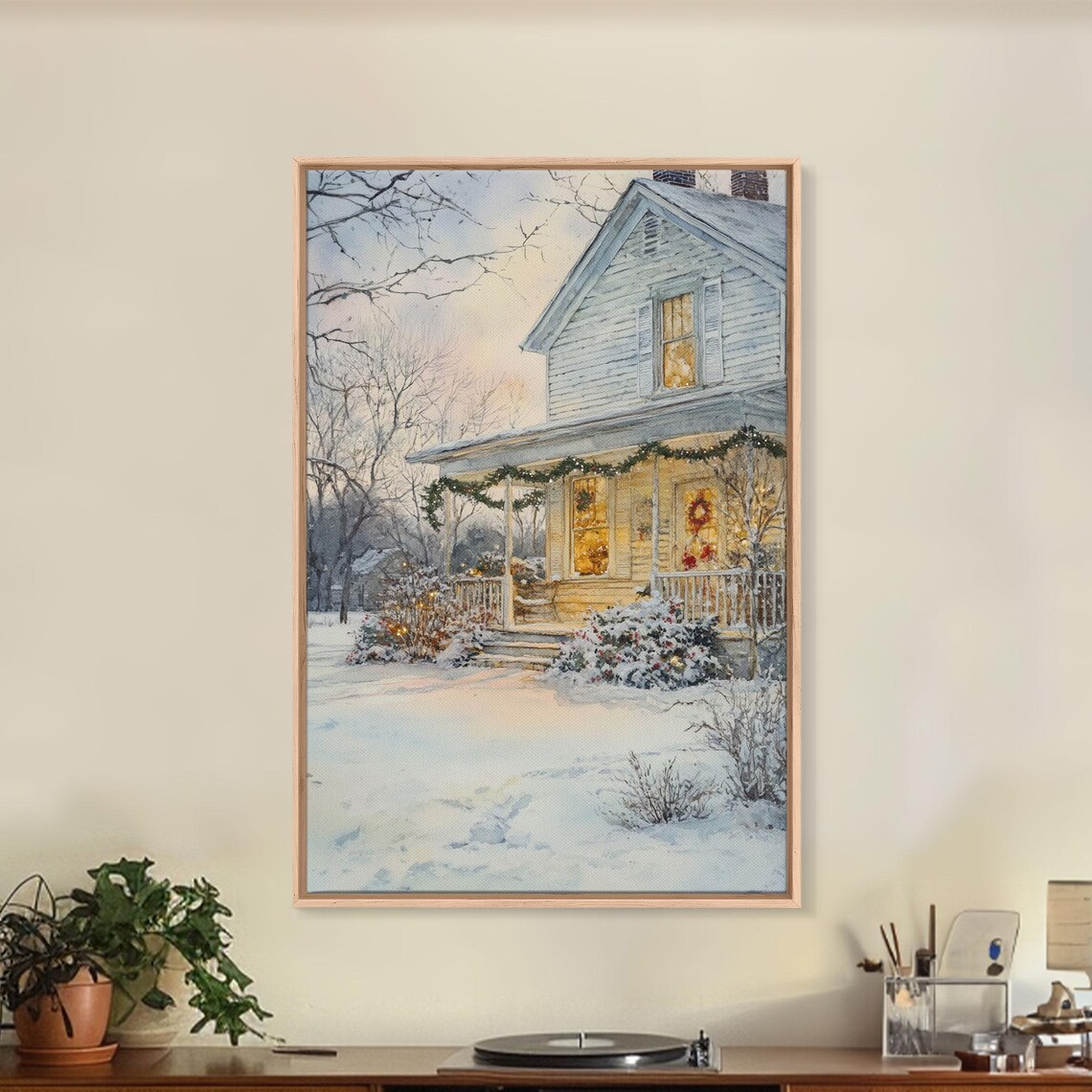 Snowy Farmhouse At Christmas Glowing Windows Garlands Winter Poster