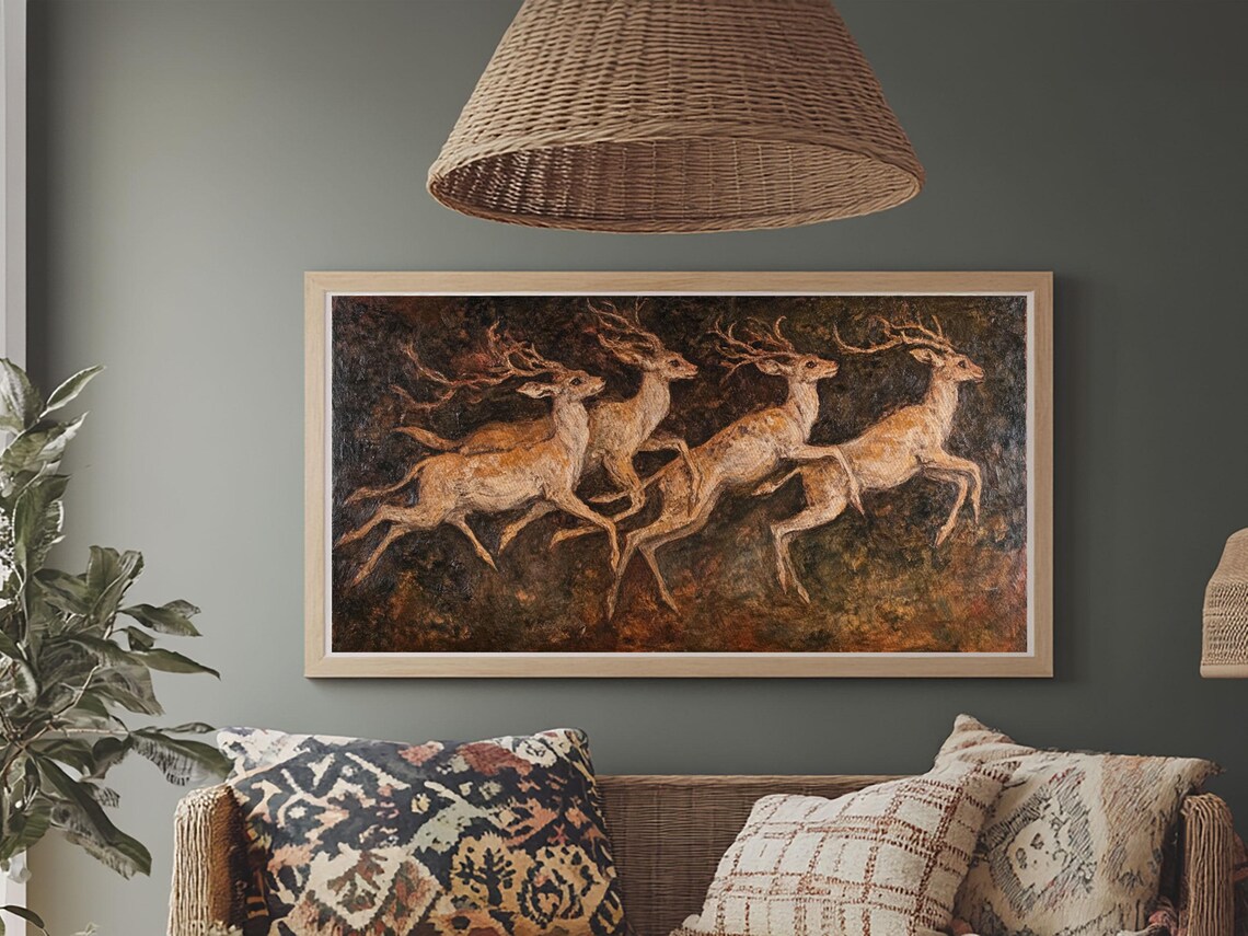 Leaping Stags Forest Herd 19th Century Folk Art Oil Painting Wall Poster - Image 5