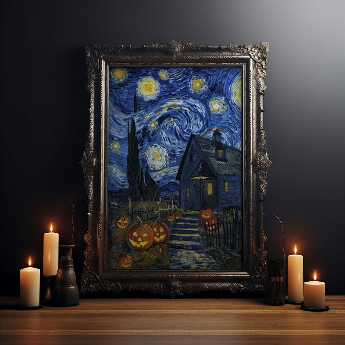 Starry Night Jack O Lanterns Spooky Cottage Halloween Art Poster - Image 3