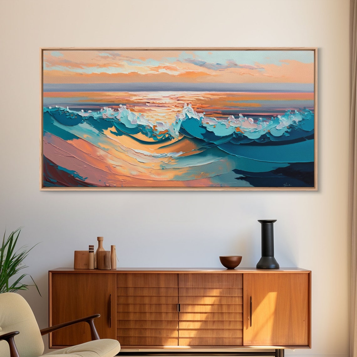 Textured Ocean Waves Sunset Impasto Turquoise Pink Seascape Poster