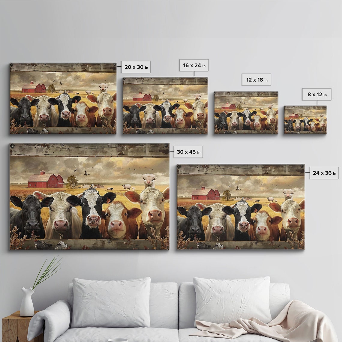 Funny Cows Over Fence Red Barn Cute Farm Animals Whimsical Art Poster - Image 2