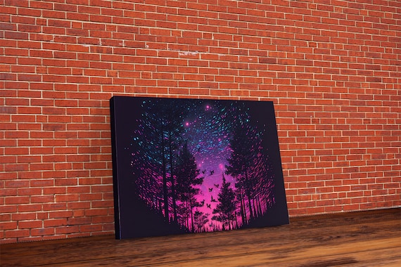Synthwave Starry Night Time Lapse Pine Tree Forest Art Print