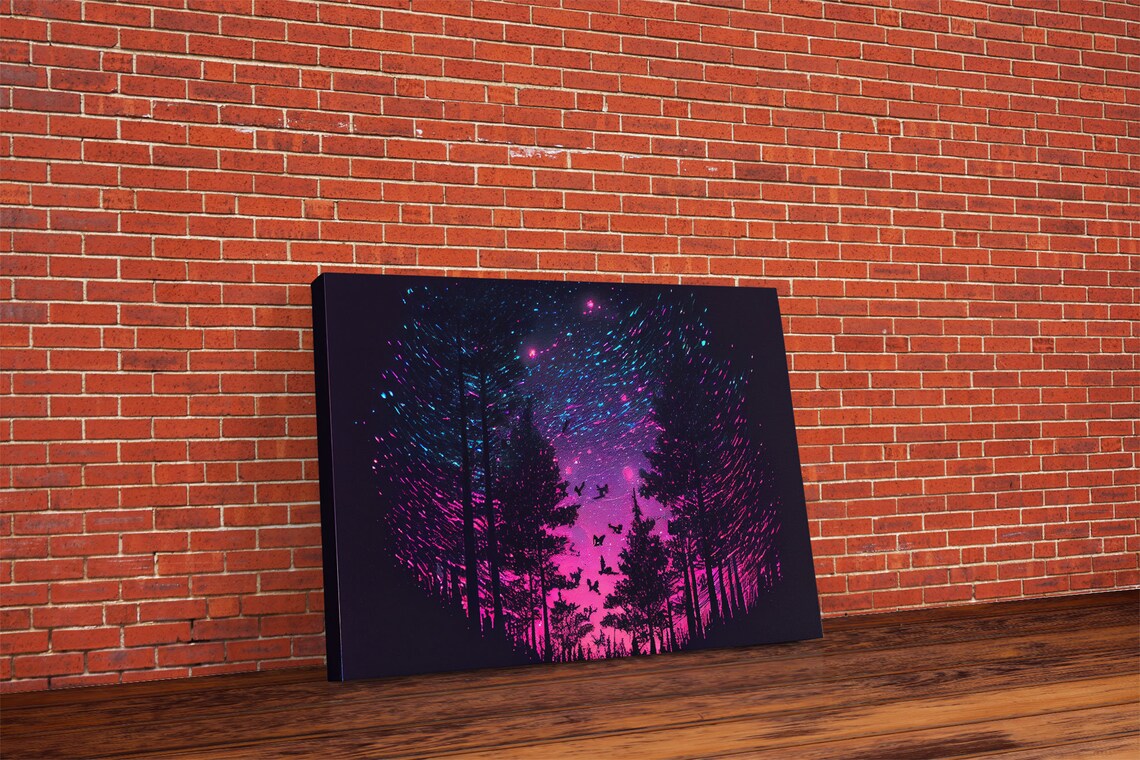 Synthwave Starry Night Time Lapse Pine Tree Forest Art Print
