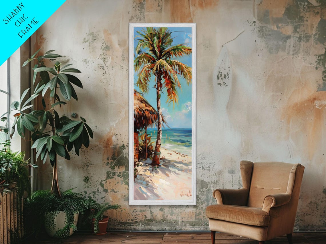 Tall Palm Tree With Thatched Hut On Tropical Beach Sunny Coast Poster - Image 2