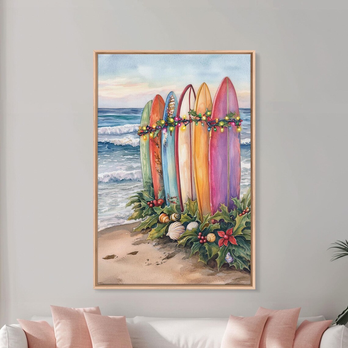 Christmas Surfboard Beach Tropical Holiday Lights Watercolor Wall Art - Image 4