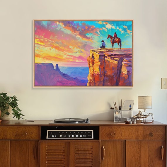 Wild West Art Print Vintage Retro Cowboy Wall Art Framed Or Metal Art Midcentury Modern Watercolor Painting Cowboy At Sunset