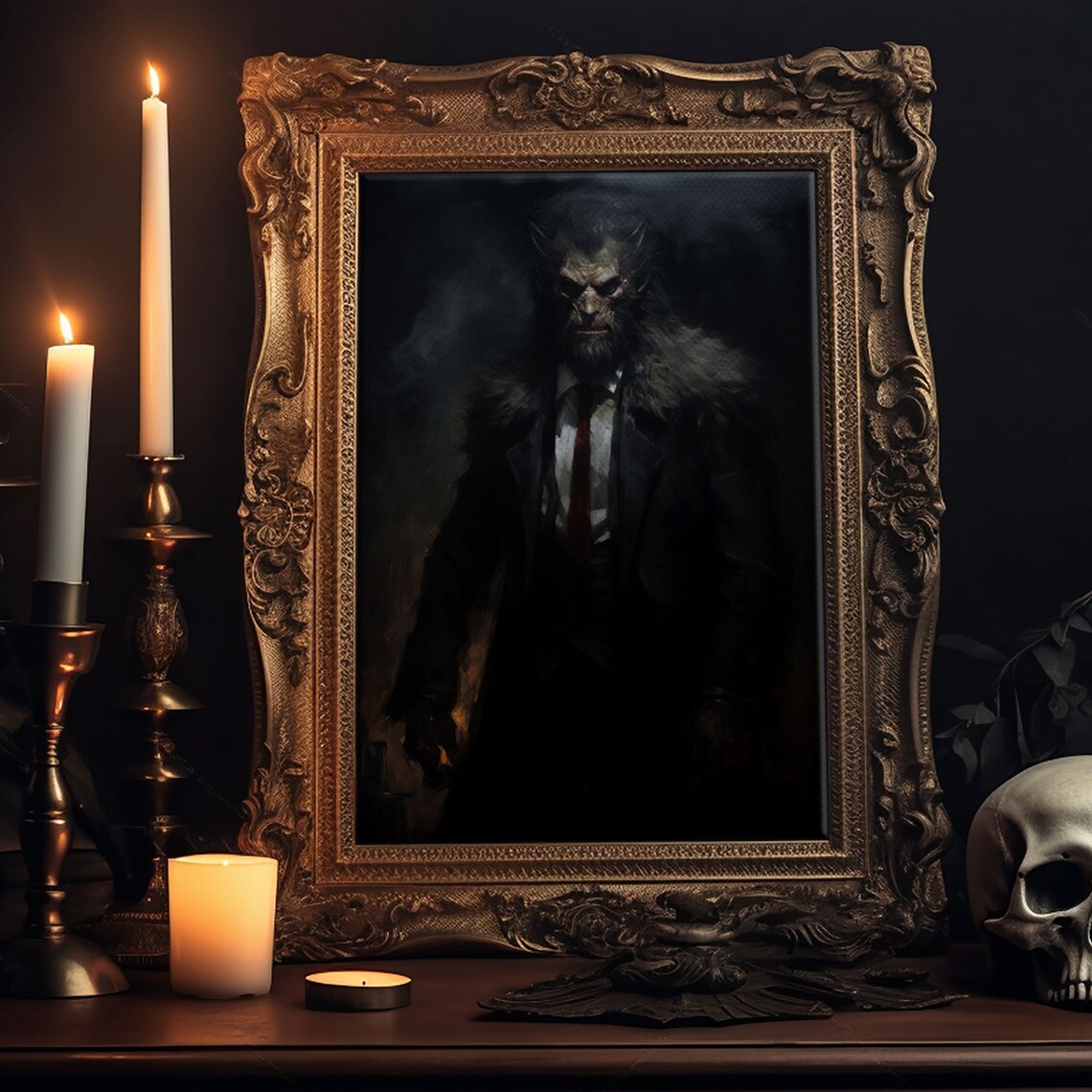 Dark Werewolf Businessman Portrait Suit Shadowy Gothic Horror Art Print - Image 5