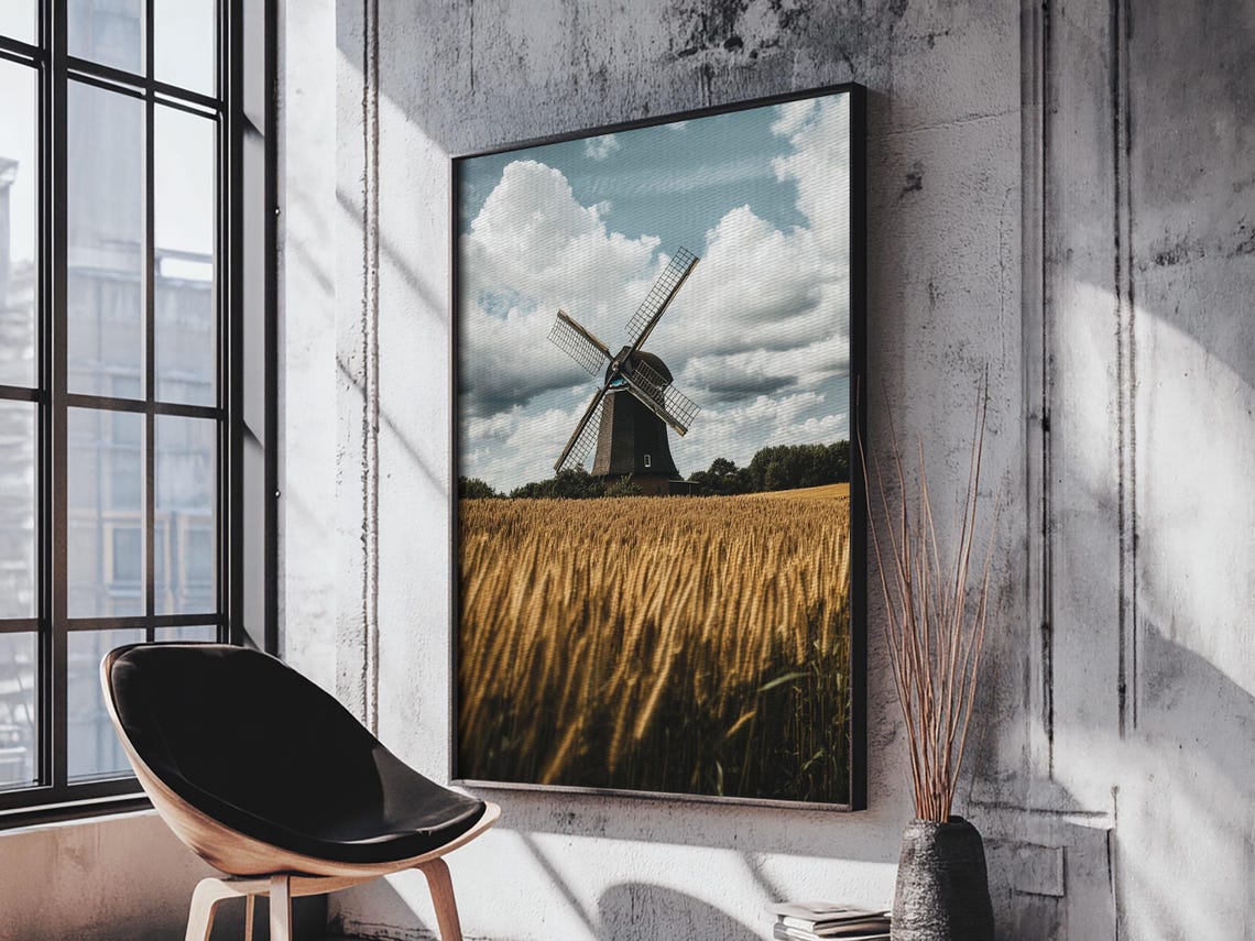Wheat Field Windmill Framed Print Rustic Farmhouse Artwork Windmill Wall Art Minimalist Landscape Wall Decor Living Room Art