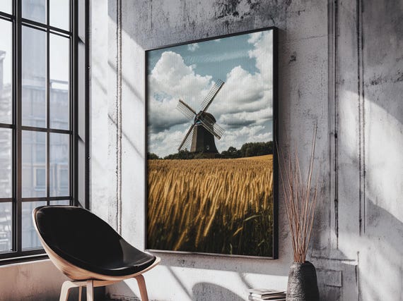 Wheat Field Windmill Framed Print Rustic Farmhouse Artwork Windmill Wall Art Minimalist Landscape Wall Decor Living Room Art