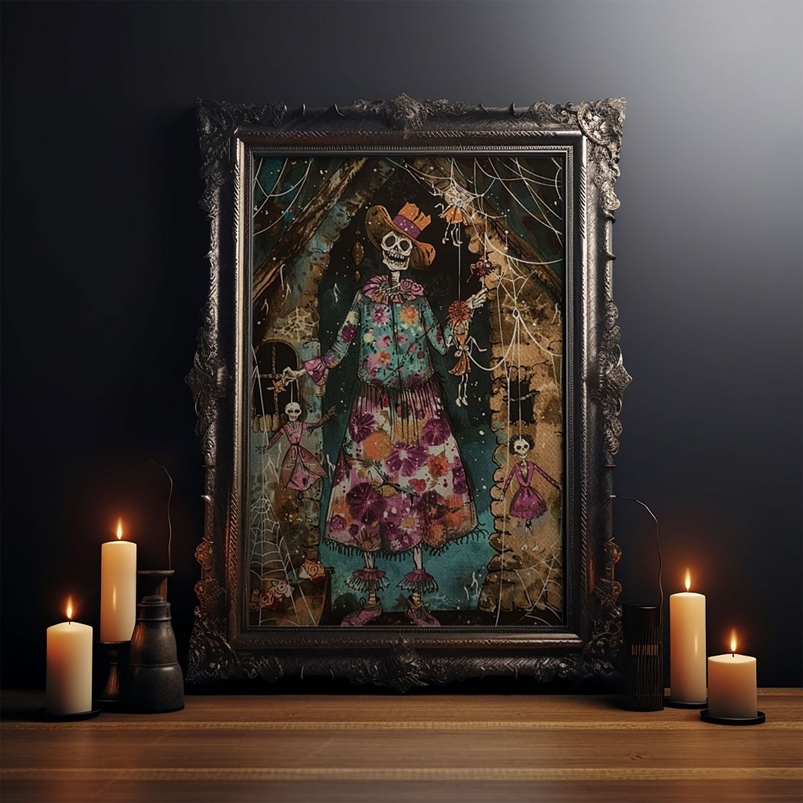 Skeleton Floral Dress Spider Webs Hanging Dolls Halloween Art Poster - Image 3