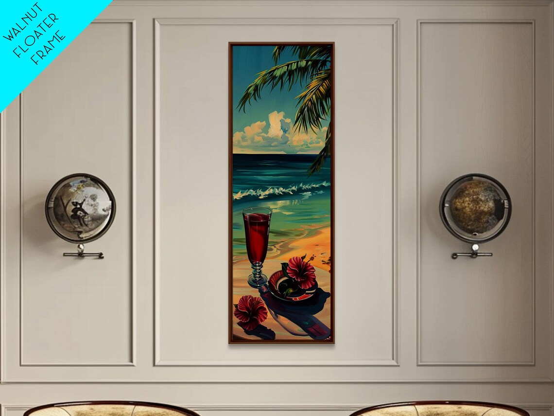 Beach Cocktail Sunset Tropical Hibiscus Palm Ocean Scene Wall Art - Image 2