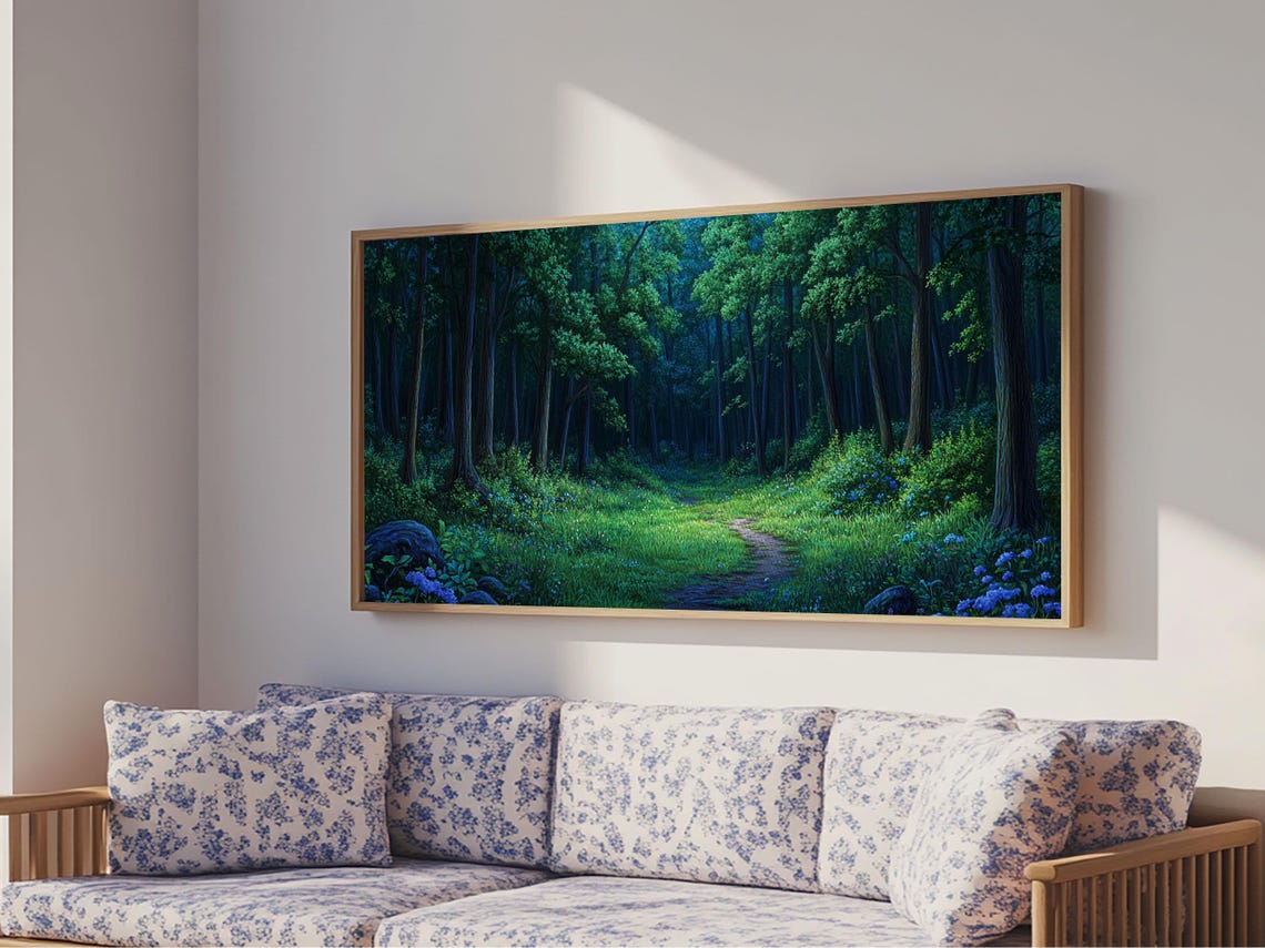 Lush Green Forest Path Wildflowers Tall Trees Landscape Poster - Image 2