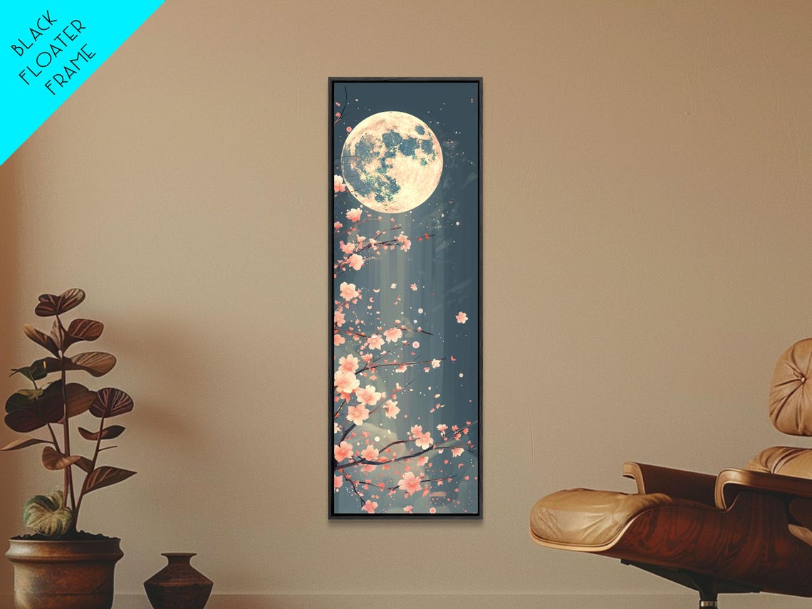 Full Moon Cherry Blossoms Starry Night Dark Floral Art Print - Image 3