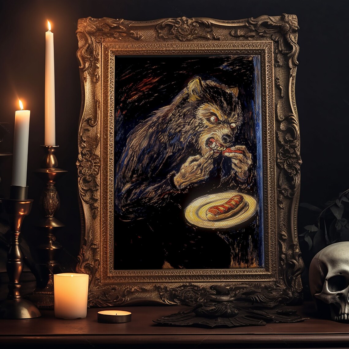Surreal Dark Werewolf Eating Hot Dog Spooky Painterly Halloween Art Poster - Image 6