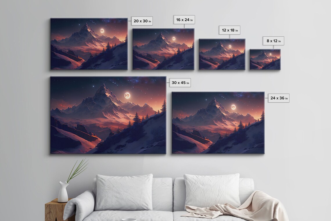 Mt Everest Watercolor Art Print, Full Moon Landscape - Image 2