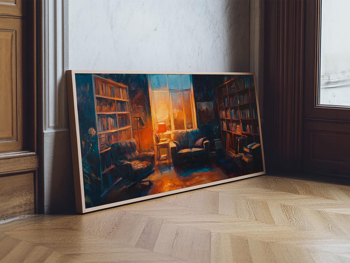 Cozy Library Interior Bookshelves Armchair Warm Light Study Art Poster - Image 3