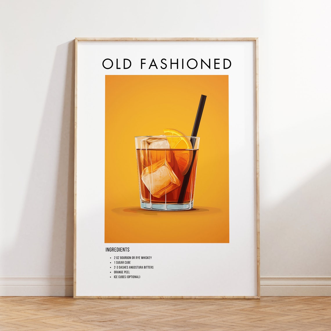 Old Fashioned Whiskey Cocktail Recipe Poster for Home Bar Decor