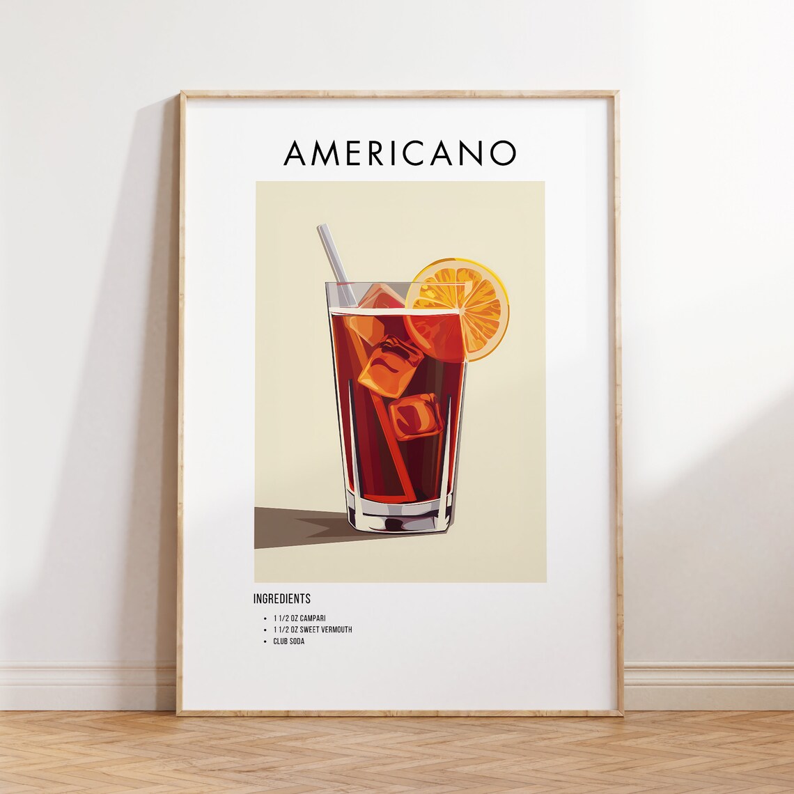 Americano Cocktail Recipe Poster Campari Orange Drink Bar Cart Art